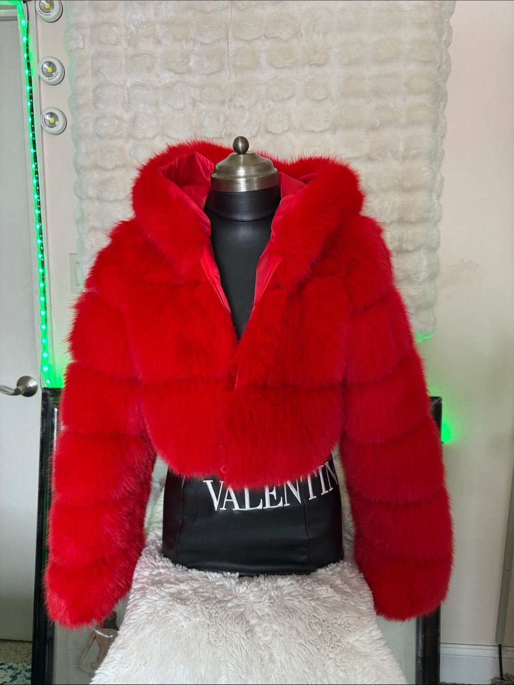 ( Fashion ) source unknown Red Faux Fur Hooded Teddy Jacket